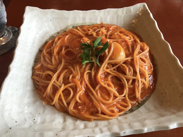 いつもの然流で海老と帆立のトマトソースパスタ